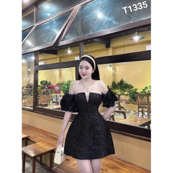 Đầm gấm trễ vai phối tay voan kiếng có mút có lót quần 2 màu y hình lụa tapta T1335