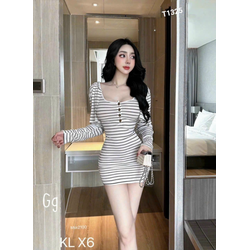 Set áo khoác tay dài kèm đầm body 2 dây cài nút thật vải poly sọc T1325