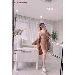 Đầm thun ôm body 2 dây kèm áo khoác gân tăm G683