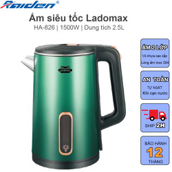 Ấm siêu tốc 2.5L Ladomax HA-826 thiết kế 2 lớp, lòng ấm bằng inox 304 không gỉ, tự ngắt khi đun cạn nước
