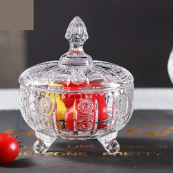 Thố Mứt Thuỷ Tinh Pha Lê 3 Chân Hoạ Tiết Hoa Nổi Lớn Phong Cách Sang Trọng
