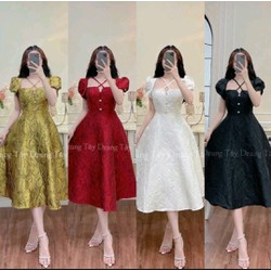 Váy gấm nổi dây chéo cổ màu vàng đồng