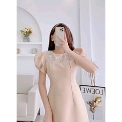 Áo dài tasta đính thủ công 2 lơp-màu be không kèm quần