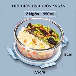 Hộp Cơm Thủy Tinh Tròn 2 Ngăn 950 ml, Nắp Trống Tràn, Quay Được Lò Vi Sóng