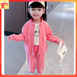 Bộ nỉ cho bé gái sành điệu kéo khóa 1-6 tuổi in chữ THREE chất liệu cao cấp kiểu dáng thời trang