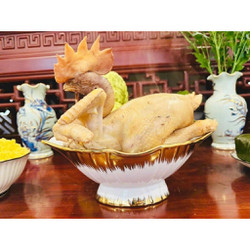 Bát Đĩa Đựng Gà Nguyên Con, Bát sứ, bát thuyền đựng gà cúng gà lễ bày hoa quả gốm sứ Bát Tràng Vẽ Vàng Kim