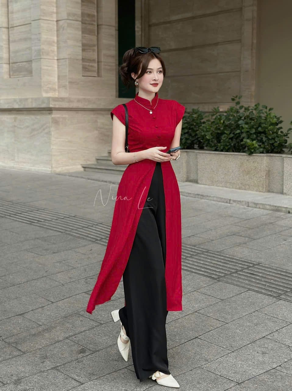 Áo dài nữ cách tân xẻ tà kiểu cổ tàu (Mã SP: T1486)