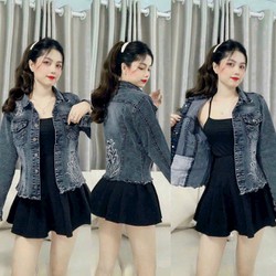 Áo khoác jean nữ thêu hoa lai gợn sóng hàng jean co giãn màu xám