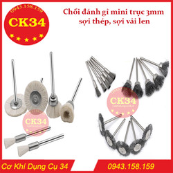 Chổi đánh gỉ sét, đánh bóng mini sợi bằng thép và sợi vải len trục 3mm cho máy khoan, máy mài