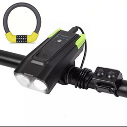 Bộ đèn xe đạp có còi pin sạc usb đèn pha Led T6 và Khóa xe đạp 5 số đổi được mã