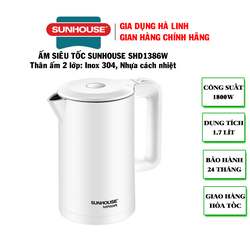 Ấm siêu tốc inox 2 lớp 1.7l sunhouse mama shd1386w, dung tích 1.7 lít, công suất 1800w, bảo hành 24 tháng