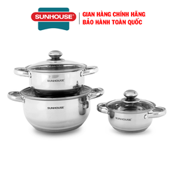Bộ nồi inox 3 đáy Sunhouse SH334, size 16cm, 20cm, 24cm, Đáy từ, dùng được cho mọi loại bếp