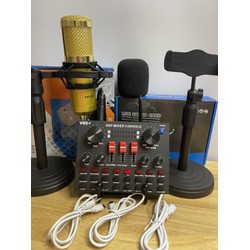 Bộ thu âm live stream Soundcard V8s+ và mic BM900+ giá đỡ điện thoại + giá mic+ tai nghe
