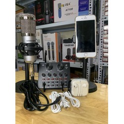 Combo 5 món Bộ mic hát thu âm livestream soundcard V8 và mic Bm900 có dây kèm tai nghe giá đỡ mic và giá đỡ điện thoại