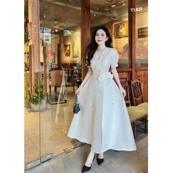 Đầm xoè dự tiệc dạo phố sang trọng chéo ngực đính hoa đá nơ 2 màu y hình eo cao cấp T1428