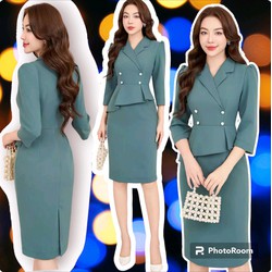 Đầm ôm peplum xanh, cổ vest , đính cúc eo BMT202303