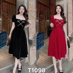 Đầm nhung đan ngực zic zac cao cấp tay ngắn cổ u T1098