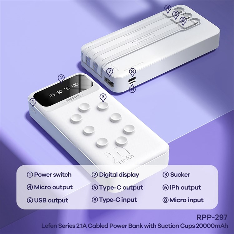 Hình ảnh Pin Sạc Dự Phòng Remax RPP-297 20000mAh 1 cổng USB max 2.1A có hít điện thoại và tích hợp đèn LED báo dung lượng kèm cáp BH 6T
