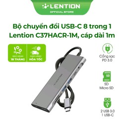 Bộ Chuyển Đổi Đa Năng USB Type-C 8 in 1 Lention C37HACR-1M Cáp Dài 1m, 4K HDMI, 2 USB 3.0, Đầu đọc thẻ,Cổng Âm Thanh 3.5
