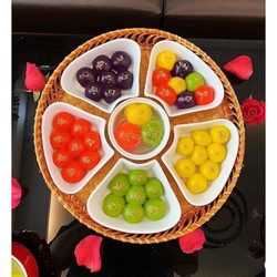 Bộ bát đĩa hoa mặt trời 5 cánh gốm sứ cao cấp kèm khay mây