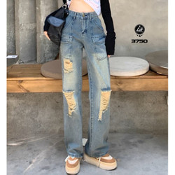Quần jeans nữ ống rộng màu xanh rách gối túi hộp siêu hot Lê Huy Fashion MS 3750