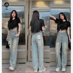 Quần ống rộng jean nữ rách gối 2 bên nhiều màu Lê Huy Fashion MS 284