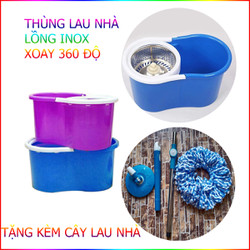 Bộ Cây Lau Nhà Kèm 2 Bông Lau + Thùng Nhựa Tròn Lồng Inox Đựng Nước Thông Minh Xoay 360 Tự Vắt