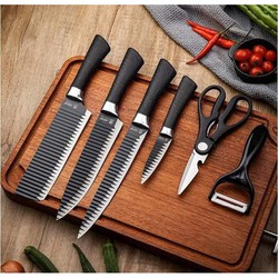 BỘ DAO LÀM BẾP 6 MÓN Hình Gợn Sóng - Bộ Dao Kéo Nhà Bếp Chống Gỉ Tiện Lợi Đa Năng
