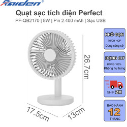 Quạt để bàn sạc tích điện Perfect PF-QB2170 pin 2400mAh, có thể dùng đến 5h, có móc treo dùng như quạt trần