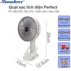Quạt sạc tích điện cầm tay Perfect PF-QB2150 với pin 1000mAh, có thể để nhiều vị trí như để bàn, treo, kẹp