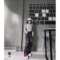 Quần ống rộng jean nữ loang rách gối tua rua hai bên Lê Huy Fashion MS 1261