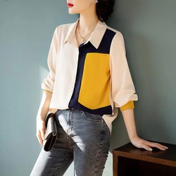 Áo sơ mi nữ tay dài phối màu, áo nữ công sở A4469 full size
