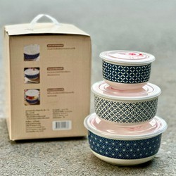 Set 3 tô sứ có nắp hút chân không Họa tiết hoa văn Thái dùng được lò vi sóng
