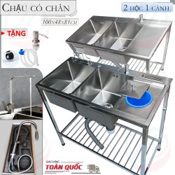 COMBO Chậu Rửa Bát Inox Có Chân 100x48x81cm Kiểu 2 Hộc 1 Cánh Tiện Nghi Rộng Rãi - Đủ bộ gồm chậu, xi phông, chân và vòi rửa, tặng vòi hút xà bông
