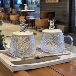 LOẠI LỚN Ly Thuỷ Tinh Vân Sần Nắp Gấu Bear ,Kèm Muỗng