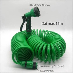 Vòi xịt 7 chế độ phun cho bạn lựa chọn Dây mềm uốn hình lò xo rất gọn, chiều dài max 15m
