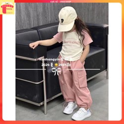 Bộ cộc tay cho bé gái 1-6 tuổi in số 1984 quần dài vải kaki mỏng có dây rút kiểu dáng thời trang