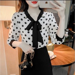 Áo nơ nữ họa tiết chấm bi, áo công sở lụa giãn nhẹ không nhăn thấm hút mồ hôi tốt A4483 đủ size 40-90kg ( ảnh th