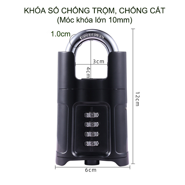 Khóa số chống cắt loại lớn D10mm, 4 mã số có thể thay đổi được, vỏ hợp kim kẽm mạ không gỉ