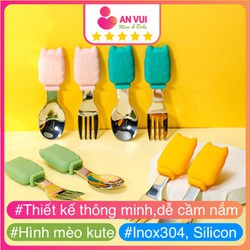 Thìa Ăn Dặm Hình Mèo Thìa Tập Xúc Cho Bé Muỗng Nĩa Đồ Dùng Ăn Dặm Silicon Inox 304 - Anvuistore