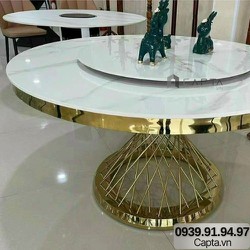 Bàn ăn TN Luxury B-135E Nội thất Capta.vn Bàn ăn tân cổ điển 2 mặt đá xoay chân inox mạ vàng tại HCM