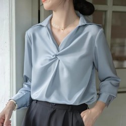 Áo sơ mi nữ tay dài xoắn ngực lụa ngọc trai họa tiết phong cách công sở lụa cao cấp A4514