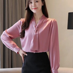 Áo nơ nữ tay dài lụa ngọc trai họa tiết phong cách công sở, nữ tính A4515 full size 40-90kg