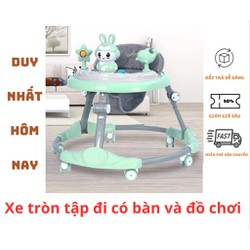Xe tròn tập đi cho bé - Xe tập đi có bàn ăn dặm, tay đẩy chắc chắn, kèm đồ chơi và nhạc cho bé
