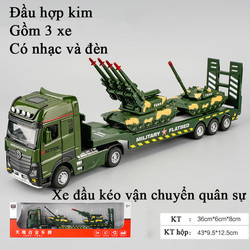Đồ chơi xe vận chuyển quân sự gồm 3 xe đầu bằng hợp kim có nhạc và đèn chạy cót