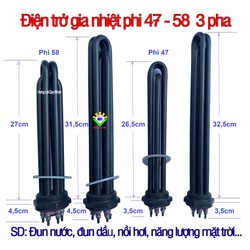 Điện trở gia nhiệt phi 47 58 điện 3 pha tất cả bằng INOX 316L công suất 6 9KW