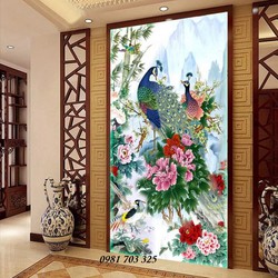 Tranh gạch men đẹp 3D chim công khổ dọc