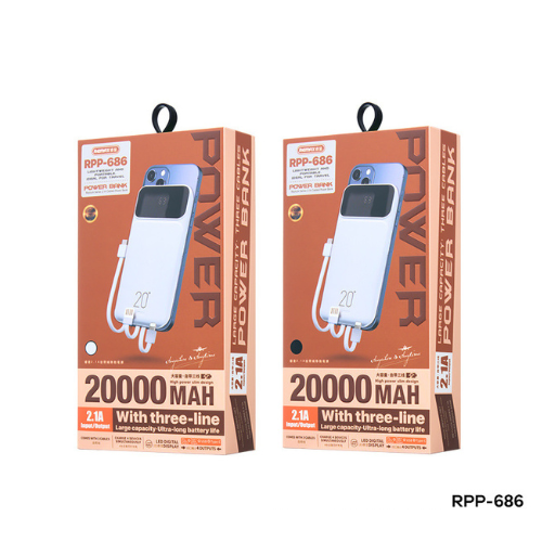 Hình ảnh Pin Dự Phòng Remax RPP-686 20000mAh 1 Cổng USB 1 Cổng Type C và Tích Hợp Sẵn 1 Cáp MicroUSB 1 Cáp Type C 1 Cáp Lightning Max 2.1A